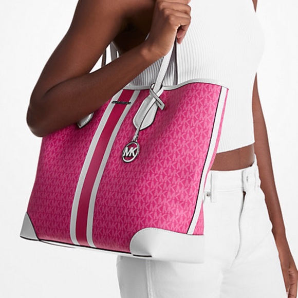 Michael Kors Handbags - Michael Kors Eva Large Signature Logo Stripe Tote Bag Dragonfruit 
NWT